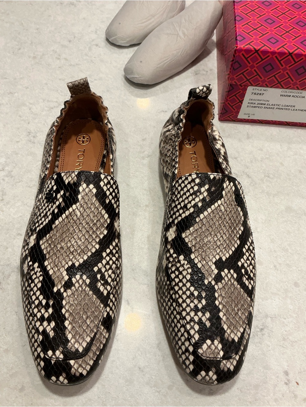 Tory Burch Snake-Print Loafers in Beige/Black 9